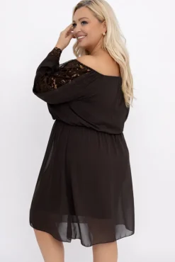 Włoski Czekoladowa Sukienka szyfonowa z koronkowymi rękawami LEMINERO