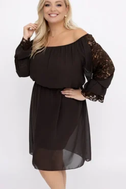 Włoski Czekoladowa Sukienka szyfonowa z koronkowymi rękawami LEMINERO
