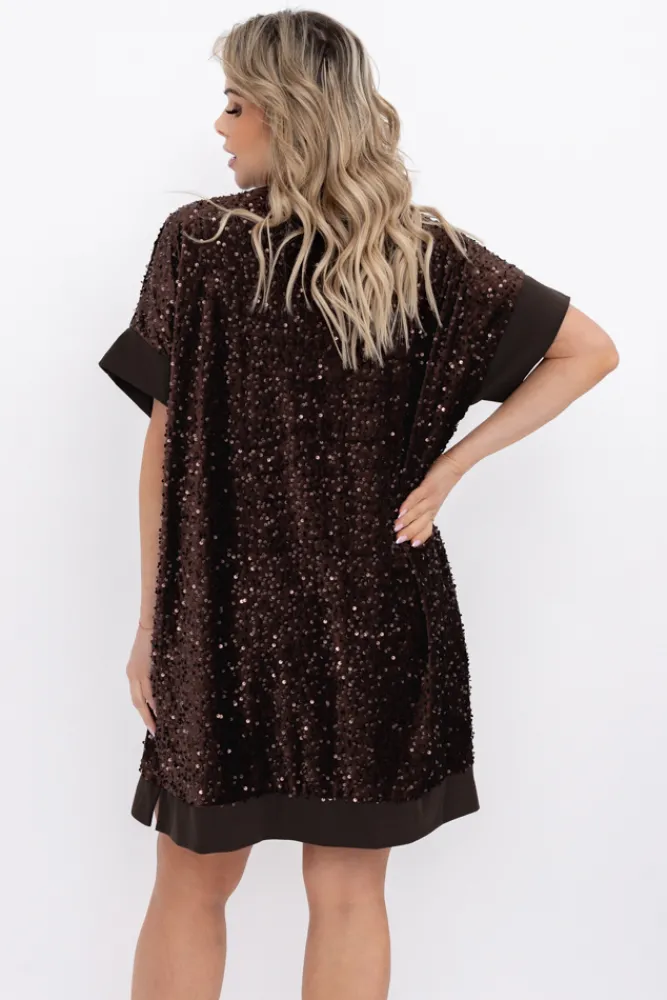 Włoski Czekoladowa Sukienka z cekinami SIMENO