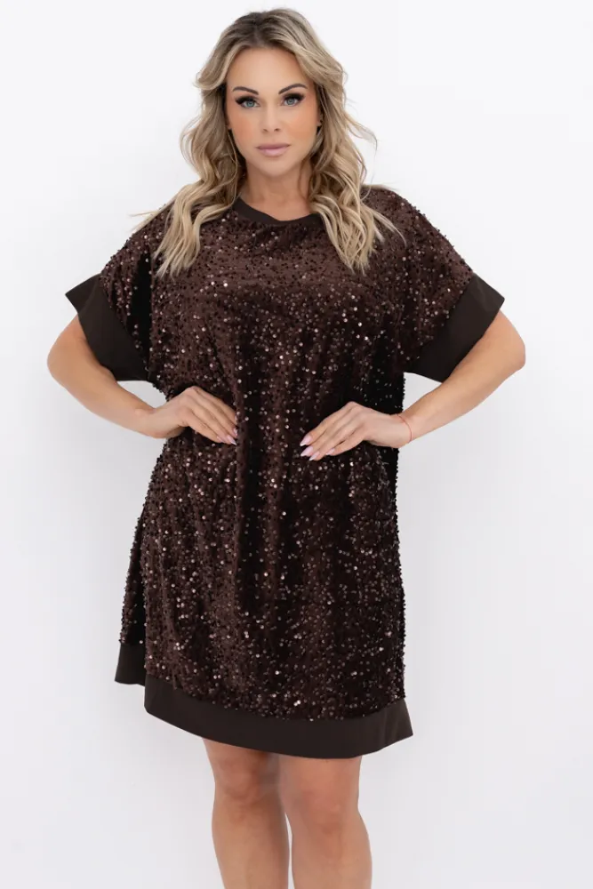 Włoski Czekoladowa Sukienka z cekinami SIMENO