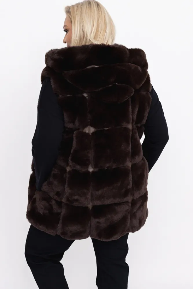 Damskie Włoski Czekoladowy Kożuszek z kapturem FIRIO