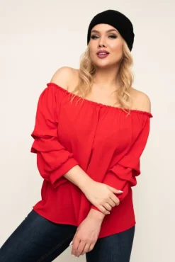 Damskie Włoski Czerwona Bluzka z marszczonymi rękawami NANSI