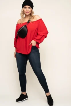 Damskie Włoski Czerwona Bluzka z marszczonymi rękawami NANSI