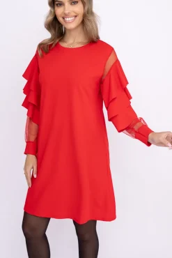 Włoski Czerwona Sukienka z falbanami DARIEN