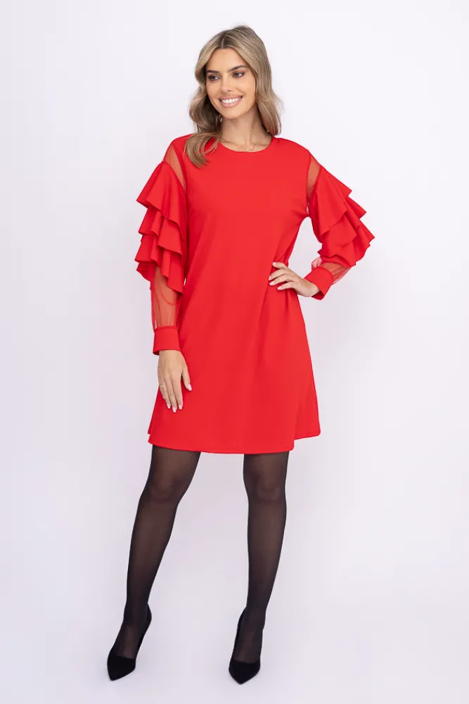 Włoski Czerwona Sukienka z falbanami DARIEN