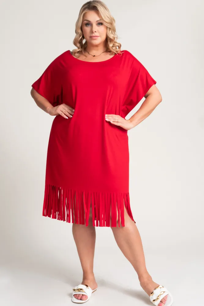 Polski Czerwona Sukienka z frędzlami RIVINO