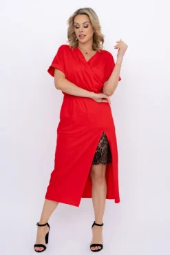 Włoski Czerwona Sukienka z koronką BERMENTO