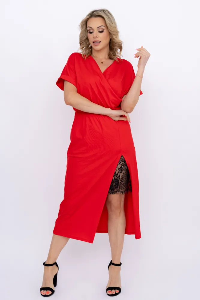 Włoski Czerwona Sukienka z koronką BERMENTO