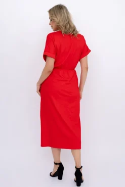 Włoski Czerwona Sukienka z koronką BERMENTO