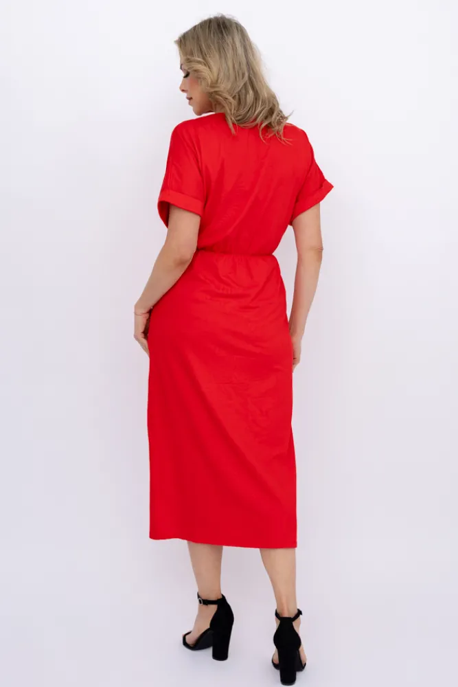 Włoski Czerwona Sukienka z koronką BERMENTO