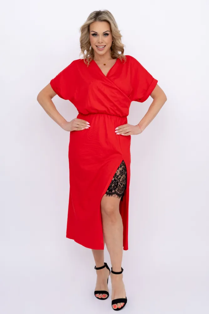 Włoski Czerwona Sukienka z koronką BERMENTO