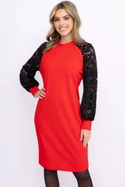 Włoski Czerwona Sukienka z koronkowymi rękawami LESTER