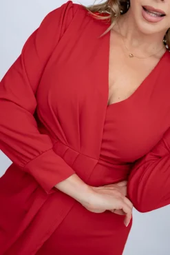 Włoski Czerwona Sukienka z marszczeniem VISTERO