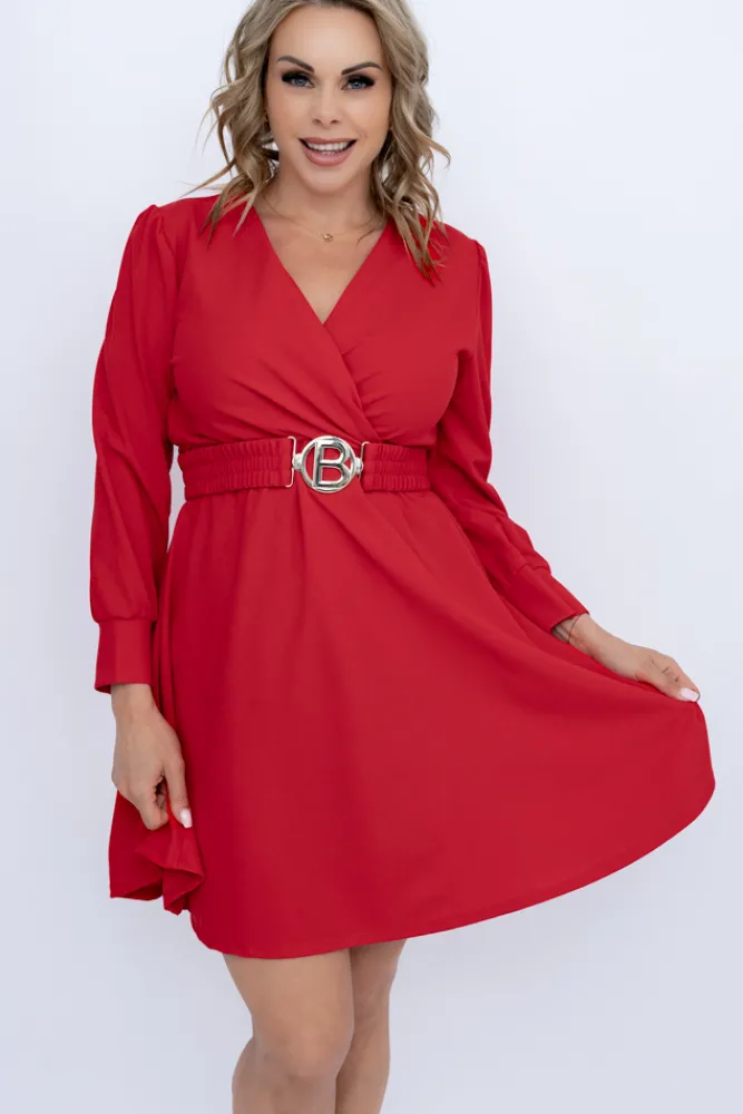 Włoski Czerwona Sukienka z paskiem SARMANIA