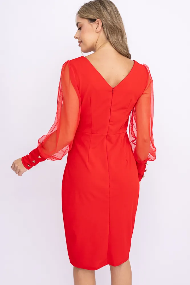 Włoski Czerwona Sukienka z prześwitującymi rękawami KENVIRIO
