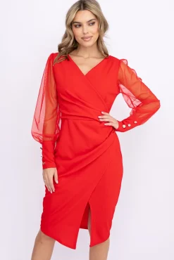 Włoski Czerwona Sukienka z prześwitującymi rękawami KENVIRIO