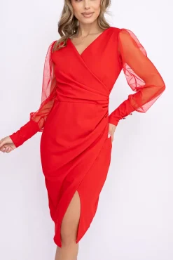 Włoski Czerwona Sukienka z prześwitującymi rękawami KENVIRIO