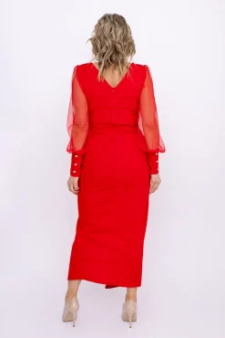 Włoski Czerwona Sukienka z prześwitującymi rękawami MERVIEN