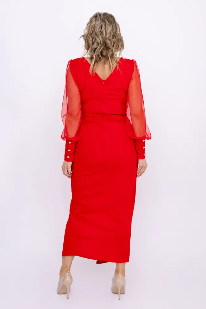 Włoski Czerwona Sukienka z prześwitującymi rękawami MERVIEN