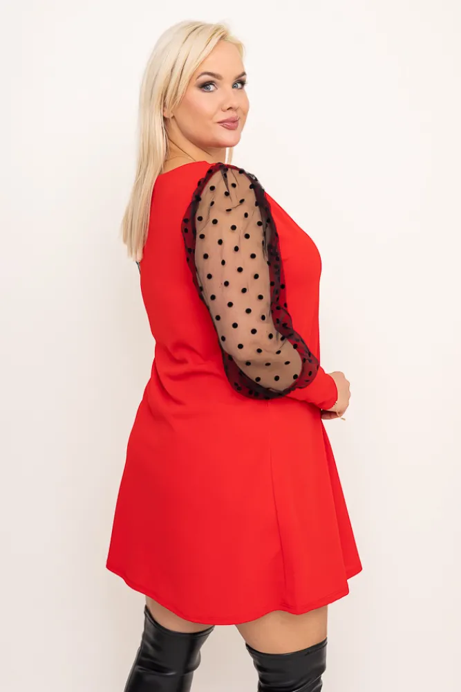 Włoski Czerwona Sukienka z prześwitującymi rękawami MARISEL