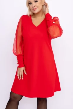 Włoski Czerwona Sukienka z prześwitującymi rękawami KAMENY
