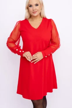 Włoski Czerwona Sukienka z prześwitującymi rękawami KAMENY