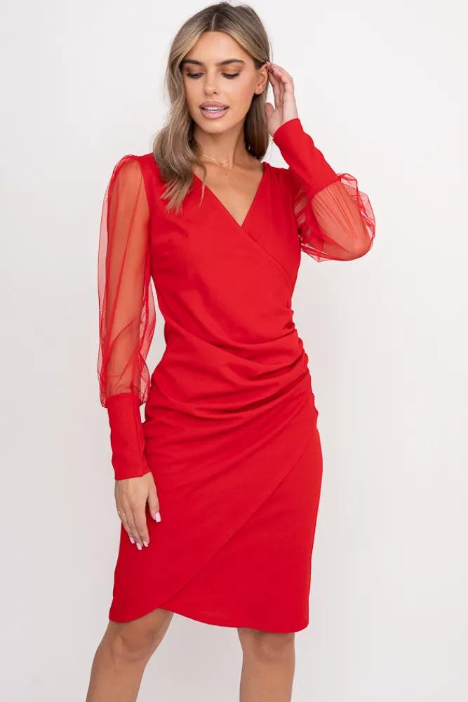 Włoski Czerwona Sukienka z prześwitującymi rękawami CELLIN