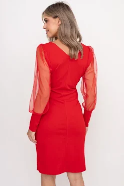 Włoski Czerwona Sukienka z prześwitującymi rękawami CELLIN