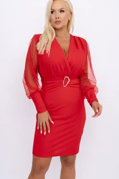 Włoski Czerwona Sukienka z prześwitującymi rękawami VIZENTI