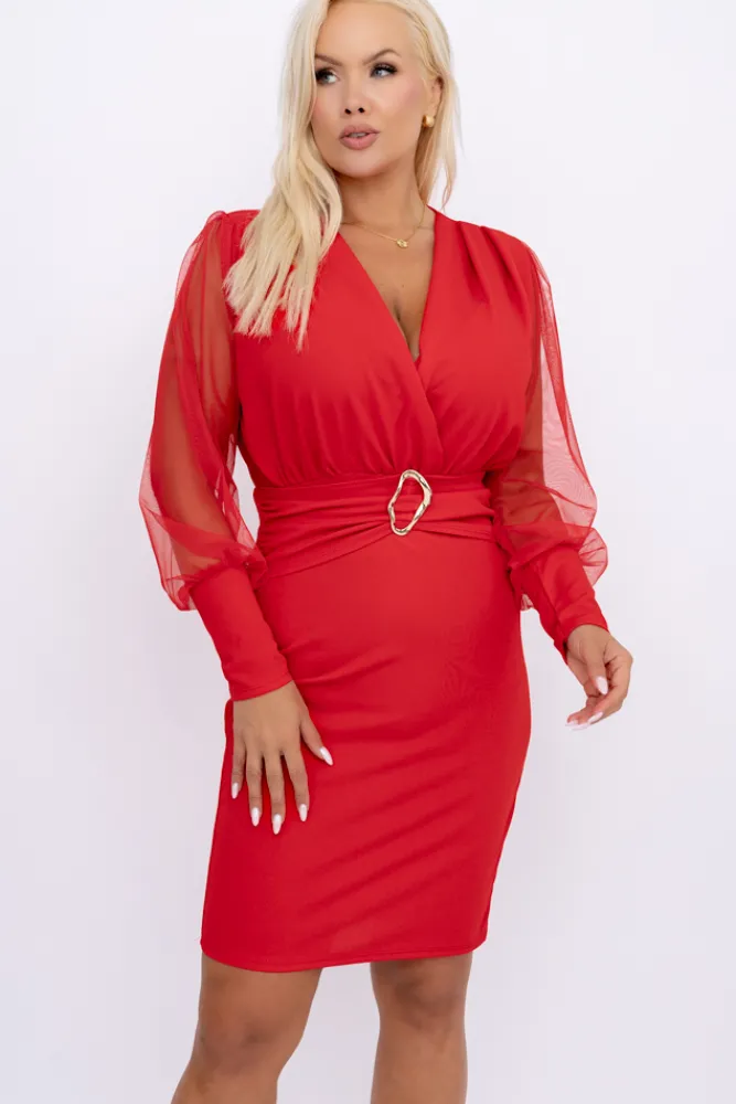 Włoski Czerwona Sukienka z prześwitującymi rękawami VIZENTI