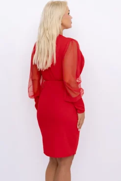 Włoski Czerwona Sukienka z prześwitującymi rękawami VIZENTI