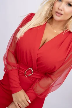 Włoski Czerwona Sukienka z prześwitującymi rękawami VIZENTI