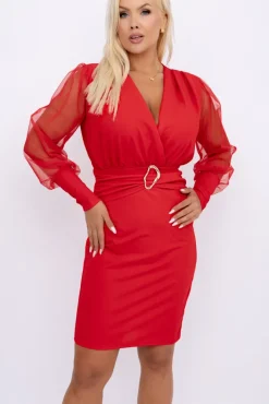 Włoski Czerwona Sukienka z prześwitującymi rękawami VIZENTI