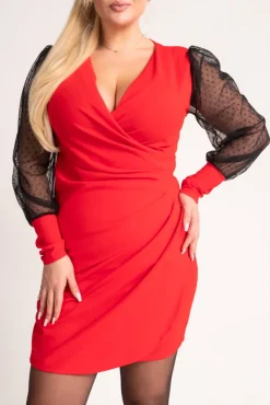 Włoski Czerwona Sukienka z przezroczystymi rękawami GERTI