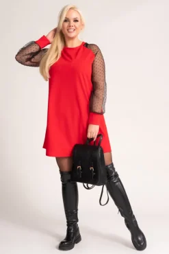 Włoski Czerwona Sukienka z przezroczystymi rękawami BONDI