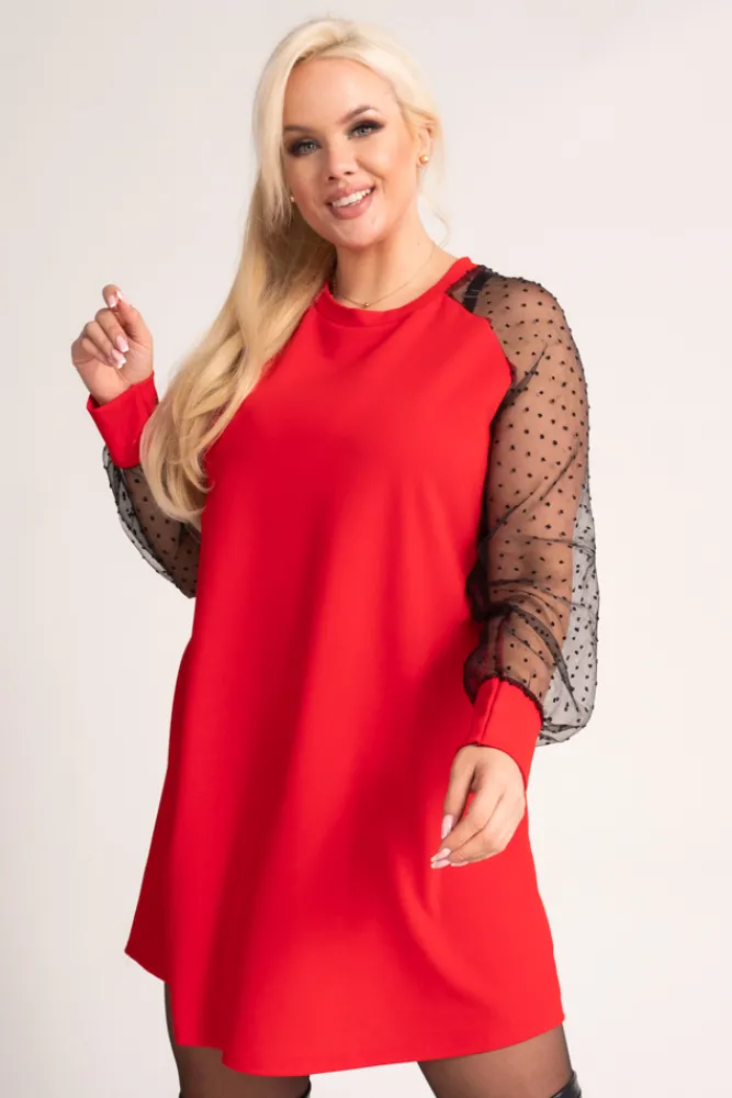 Włoski Czerwona Sukienka z przezroczystymi rękawami BONDI