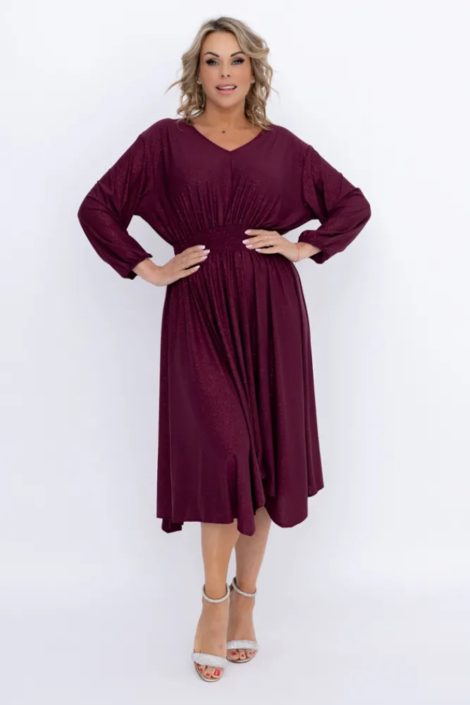 Polski Fioletowa Sukienka brokatowa z marszczeniem BAGOZIA