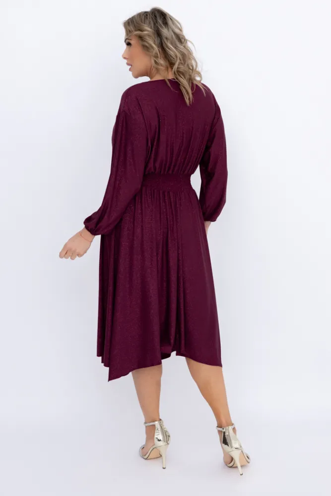 Polski Fioletowa Sukienka brokatowa z marszczeniem BAGOZIA