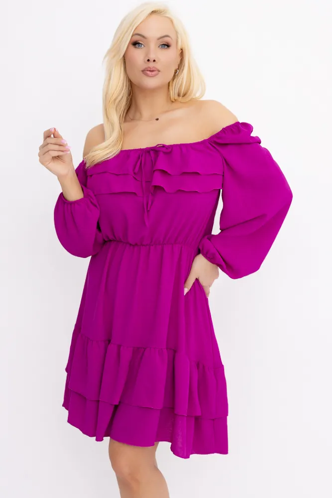 Włoski Fioletowa Sukienka z falbanami KARIENTO