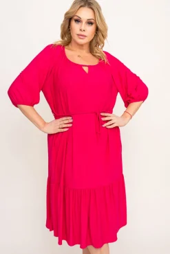 Polski Fuksjowa Sukienka brokatowa z paskiem PENTUZI