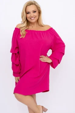 Polski Fuksjowa Sukienka z marszczonymi rękawami LERTIA
