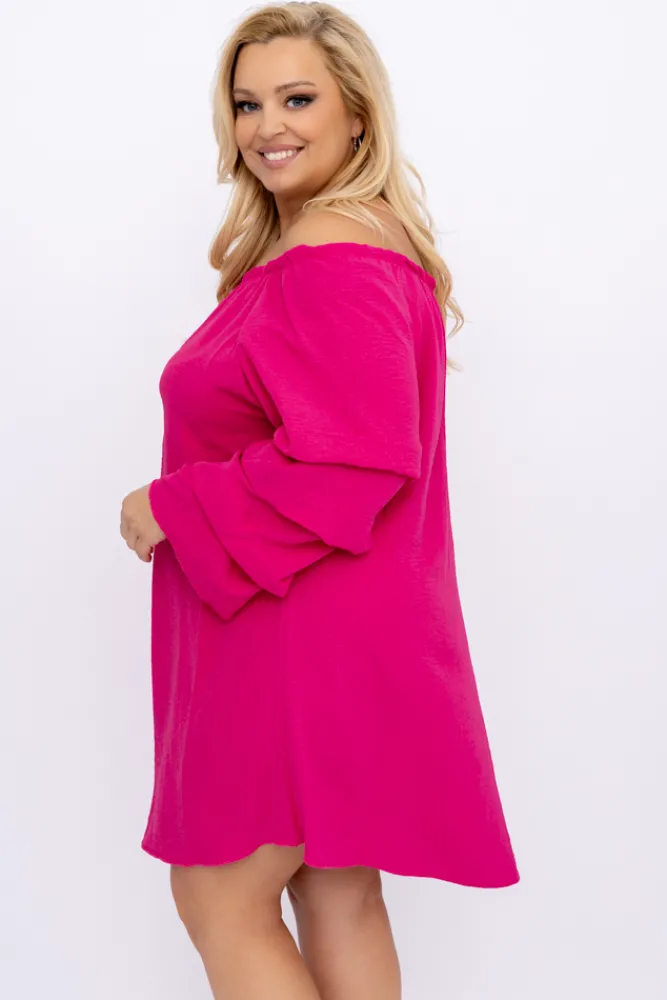 Polski Fuksjowa Sukienka z marszczonymi rękawami LERTIA