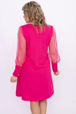 Włoski Fuksjowa Sukienka z prześwitującymi rękawami KAMENY