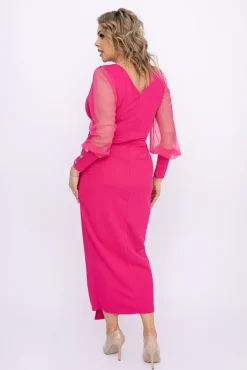 Włoski Fuksjowa Sukienka z prześwitującymi rękawami MERVIEN