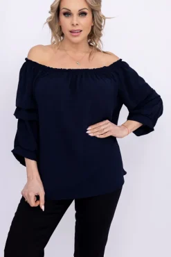 Damskie Włoski Granatowa Bluzka z marszczonymi rękawami LURIGO