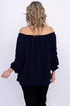 Damskie Włoski Granatowa Bluzka z marszczonymi rękawami LURIGO