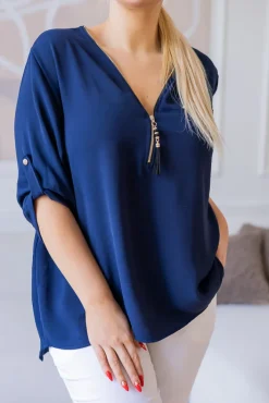 Damskie Włoski Granatowa Bluzka z rozsuwanym dekoltem MERXIO
