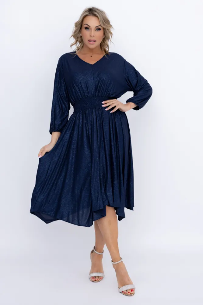 Polski Granatowa Sukienka brokatowa z marszczeniem BAGOZIA