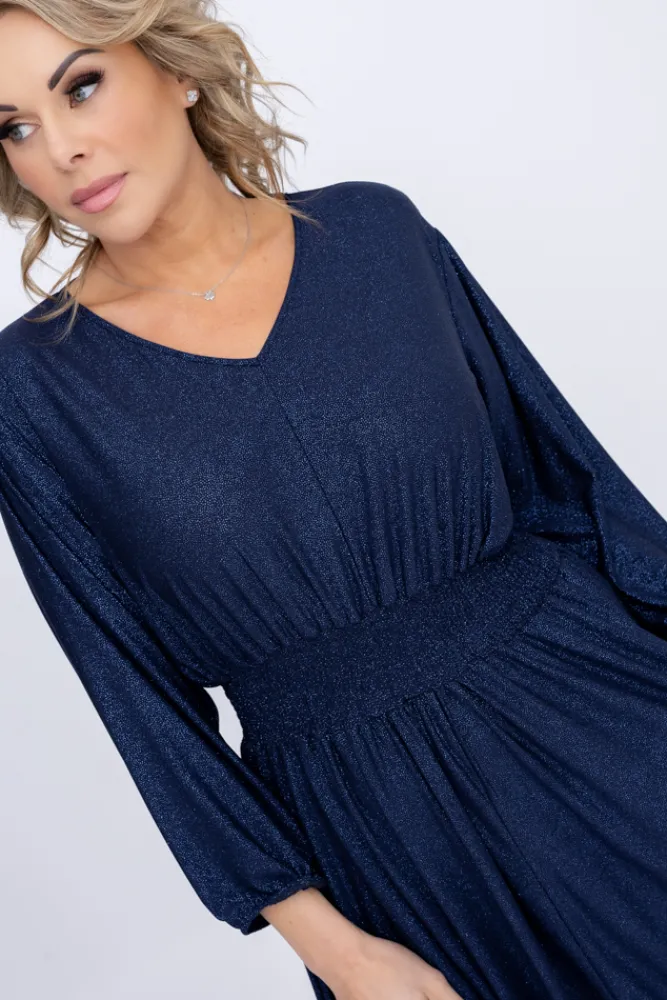 Polski Granatowa Sukienka brokatowa z marszczeniem BAGOZIA