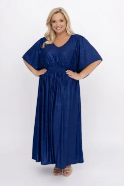 Polski Granatowa Sukienka brokatowa z marszczeniem SILVINO